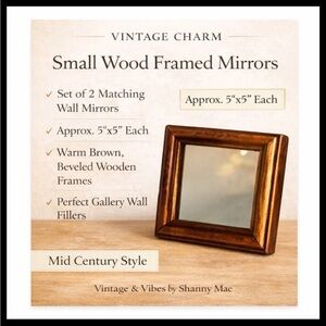 Set of 2 Vintage Small Wood Framed Mirrors | Square Accent | Mid Century